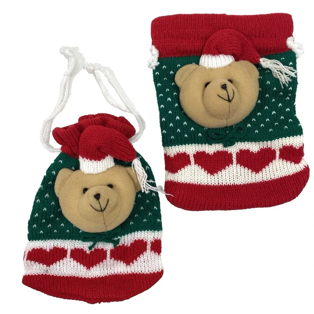 Christmas Knit Gift Bags with Draw String for Gifts or Candy Lot of 2 Bears